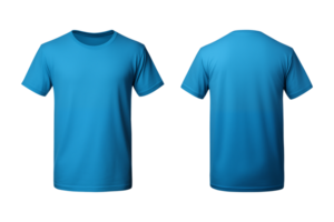 AI generated realistic set of male blue t-shirts mockup front and back view isolated on a transparent background, cut out png