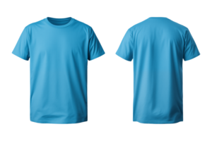 AI generated realistic set of male blue t-shirts mockup front and back view isolated on a transparent background, cut out png