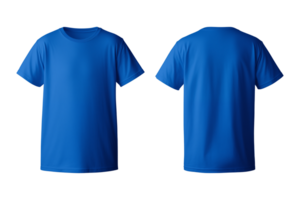 AI generated realistic set of male blue t-shirts mockup front and back view isolated on a transparent background, cut out png