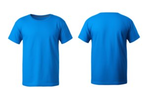 ai genererad realistisk uppsättning av manlig blå t-tröjor attrapp främre och tillbaka se isolerat på en transparent bakgrund, skära ut png