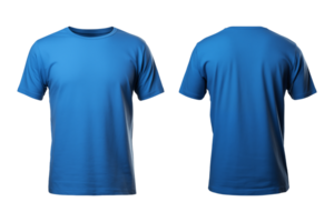 ai généré réaliste ensemble de Masculin bleu t-shirts maquette de face et retour vue isolé sur une transparent arrière-plan, Couper en dehors png