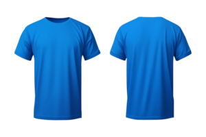 ai generiert realistisch einstellen von männlich Blau T-Shirts Attrappe, Lehrmodell, Simulation Vorderseite und zurück Aussicht isoliert auf ein transparent Hintergrund, Schnitt aus png