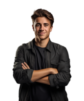 AI generated a young man standing with arms crossed facing the camera isolated on a transparent background png