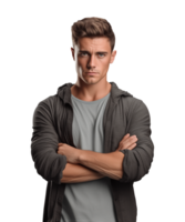 AI generated a young man standing with arms crossed facing the camera isolated on a transparent background png