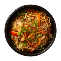 AI generated a bowl of Chinese noodles isolated on a transparent background, top view png