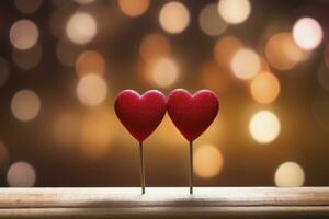 AI generated Red hearts sitting on a pointy stick on a wooden table in bokeh background photo