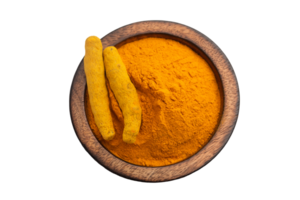 Blended curcumin powder in a wooded pot png