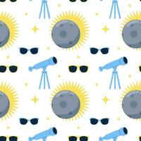 Seamless pattern with Telescope and lunar solar eclipse in flat cartoon style. Vector pattern