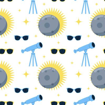 Seamless pattern with Telescope and lunar solar eclipse in flat cartoon style. Vector pattern