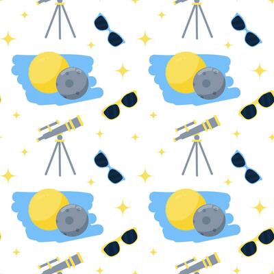 Seamless pattern with Telescope and lunar solar eclipse. in flat cartoon style. Vector Seamless pattern, wallpaper.