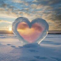 AI generated A heart in the middle on the side of an ice sheet background light sky and clouds at sunset, pink, blue, yellow photo