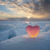 AI generated A heart in the middle on the side of an ice sheet background light sky and clouds at sunset, pink, blue, yellow photo