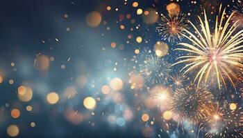 AI generated Radiant Celebration. Gold and Blue Fireworks Illuminate the New Year Eve Sky, Creating a Spectacular Display of Bokeh and Joyful Illumination with Ample Copy Space for Holiday Wishes. photo