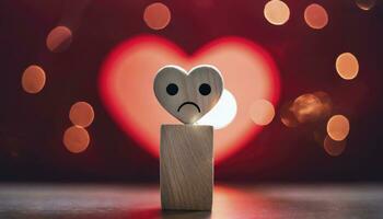 AI generated A wooden toy with sad face alone against a red light heart shape background concept of loneliness and depression, unrequited love, parting or divorce photo
