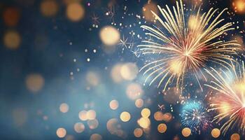 AI generated Radiant Celebration. Gold and Blue Fireworks Illuminate the New Year Eve Sky, Creating a Spectacular Display of Bokeh and Joyful Illumination with Ample Copy Space for Holiday Wishes. photo