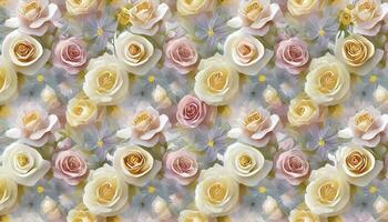 AI generated A summer-themed background with delicate roses in full bloom, creating a festive and pastel bouquet. The seamless wallpaper features a soft and inviting floral design. photo