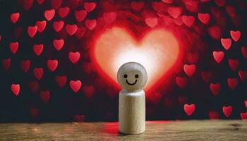 AI generated A wooden toy with smiling face alone against a red light heart shape background photo