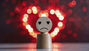 AI generated A wooden toy with sad face alone against a red light heart shape background concept of loneliness and depression, unrequited love, parting or divorce photo