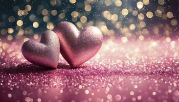 AI generated Two Hearts on Pink Glitter in a Shiny Background. Valentine's Day Concept. photo