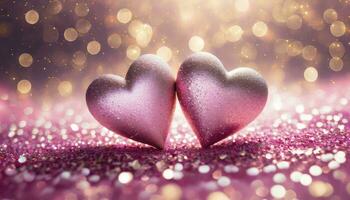 AI generated Two Hearts on Pink Glitter in a Shiny Background. Valentine's Day Concept. photo