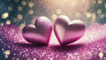 AI generated Two Hearts on Pink Glitter in a Shiny Background. Valentine's Day Concept. photo