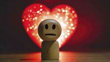 AI generated A wooden toy with sad face alone against a red light heart shape background concept of loneliness and depression, unrequited love, parting or divorce photo