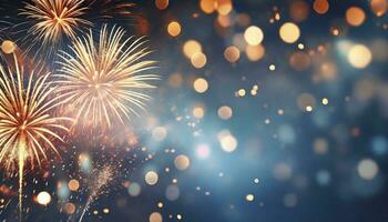 AI generated Radiant Celebration. Gold and Blue Fireworks Illuminate the New Year Eve Sky, Creating a Spectacular Display of Bokeh and Joyful Illumination with Ample Copy Space for Holiday Wishes. photo