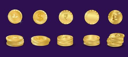 collection of realistic gold coins of different currencies, various money vector