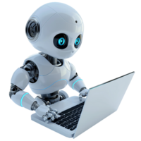 AI generated Robot works using laptop, 3d design. Suitable for technology and science png