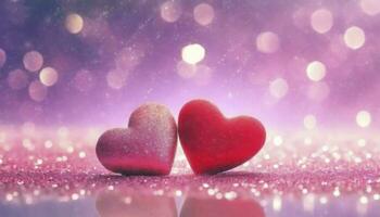 ai generado espumoso amor. dos corazones en un rosado reluciente superficie, brillante en un radiante antecedentes un Perfecto concepto para San Valentín día. foto