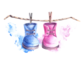 Baby pink, blue booties, shoes with clothesline, clothes pegs and watercolor stains background. Painted illustration for baby shower, birthday, newborn, gender reveal party png