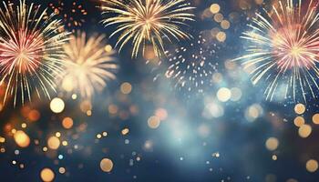 AI generated Radiant Celebration. Gold and Blue Fireworks Illuminate the New Year Eve Sky, Creating a Spectacular Display of Bokeh and Joyful Illumination with Ample Copy Space for Holiday Wishes. photo