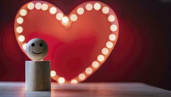 AI generated A wooden toy with smiling face alone against a red light heart shape background photo