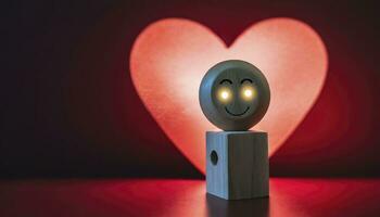 AI generated A wooden toy with smiling face alone against a red light heart shape background photo