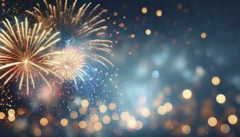 AI generated Radiant Celebration. Gold and Blue Fireworks Illuminate the New Year Eve Sky, Creating a Spectacular Display of Bokeh and Joyful Illumination with Ample Copy Space for Holiday Wishes. photo