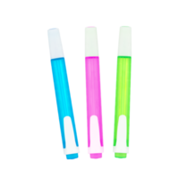 Marker pens or highlighters in blue, pink, and green with the background cut out. Top view of stationery object on white or transparent background. png