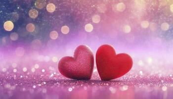 AI generated Sparkling Love. Two Hearts on a Pink Glittery Surface, Shining in a Radiant Background A Perfect Concept for Valentine's Day. photo