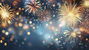AI generated Radiant Celebration. Gold and Blue Fireworks Illuminate the New Year Eve Sky, Creating a Spectacular Display of Bokeh and Joyful Illumination with Ample Copy Space for Holiday Wishes. photo