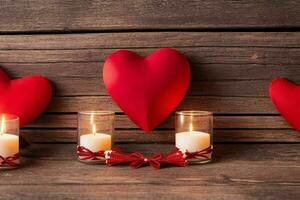 AI generated Wooden background with red heart, candle, gifts. Valentines Day. Mothers Day anniversary. Pro Photo