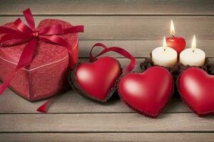 AI generated Wooden background with red heart, candle, gifts. Valentines Day. Mothers Day anniversary. Pro Photo