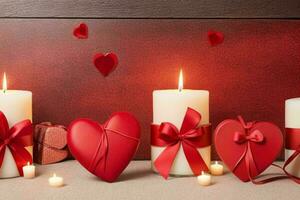 AI generated Wooden background with red heart, candle, gifts. Valentines Day. Mothers Day anniversary. Pro Photo