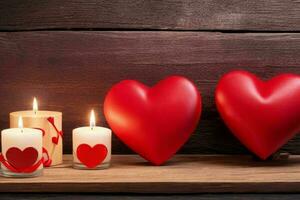 AI generated Wooden background with red heart, candle, gifts. Valentines Day. Mothers Day anniversary. Pro Photo