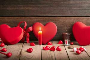 AI generated Wooden background with red heart, candle, gifts. Valentines Day. Mothers Day anniversary. Pro Photo