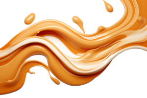 AI generated Splash of melted caramel sauce isolated on transparent background. Brown toffee wave splashing with droplets. Tasty confectionary png