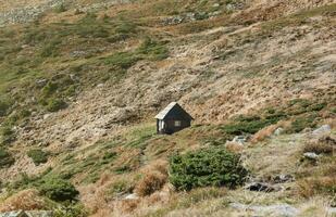 Single wooden hut on hilly mountains terrain with fir trees and rough relief. Coniferous forest in the foreground. Tourism, travel photo