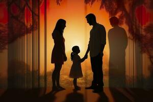 AI generated Shadow of Happy family together, parents with their little baby at sunset. A Silhouette of Love and Unity. AI Generative photo