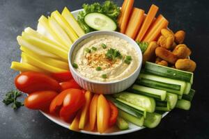AI generated Crop shot of plate with colorful healthy sliced vegetables. AI Generated photo