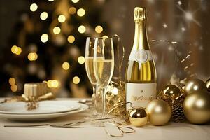 AI generated Christmas table setting with holiday decorations in gold color. AI Generated photo