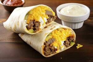 AI generated Breakfast burrito with sausage, eggs, hashbrown and cheese. AI Generated photo