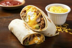 AI generated Breakfast burrito with sausage, eggs, hashbrown and cheese. AI Generated photo